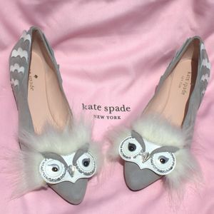 NIB w/Bag | Kate Spade Nora Faux Fur Snowy Owl Flats | Light Gray Kid Suede | 7M